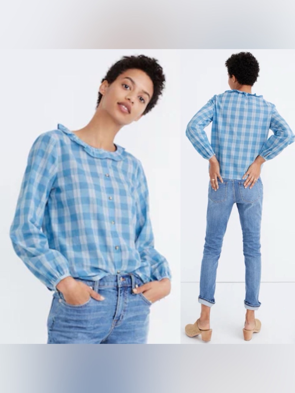 Madewell Ruffle‎ Neck Cotton Top in Colwell Plaid Small